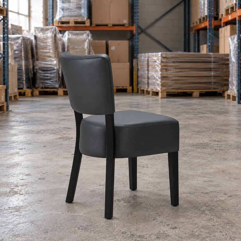 Restaurant Side Chair in Grey Upholstery with Black Steel Frame