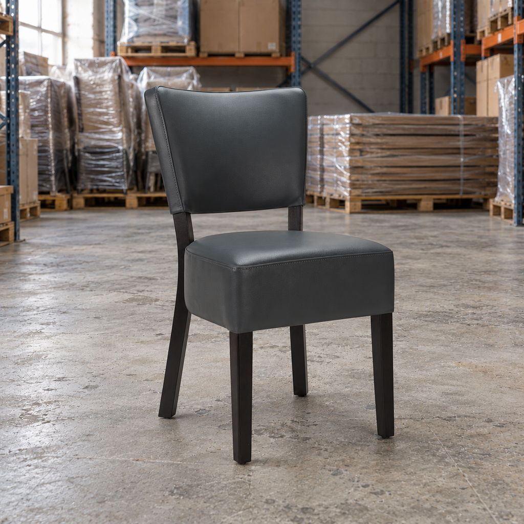 Restaurant Side Chair in Grey Upholstery with Black Steel Frame