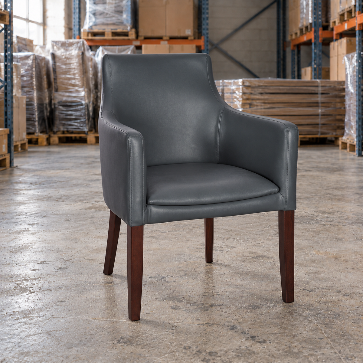 Maple Armchair in charcoal grey faux leather with dark wooden legs