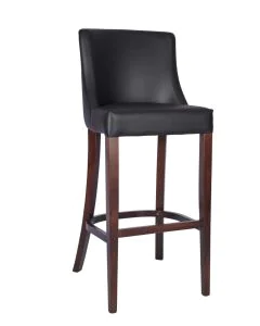 Black upholstered bar stool with walnut-stained beech frame