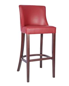 Red upholstered bar stool with walnut-stained beech frame